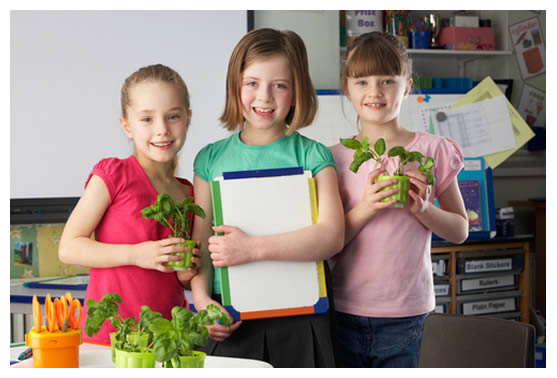 3 special education girls in a classroom smiling at you and holding small potted plants and a small whiteboard